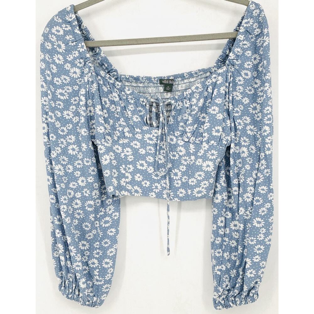 Blue Daisy Sz XS Milkmaid Y2K Cropped LS Rayon Cottage Core Prairie Blouse - Picture 2 of 9